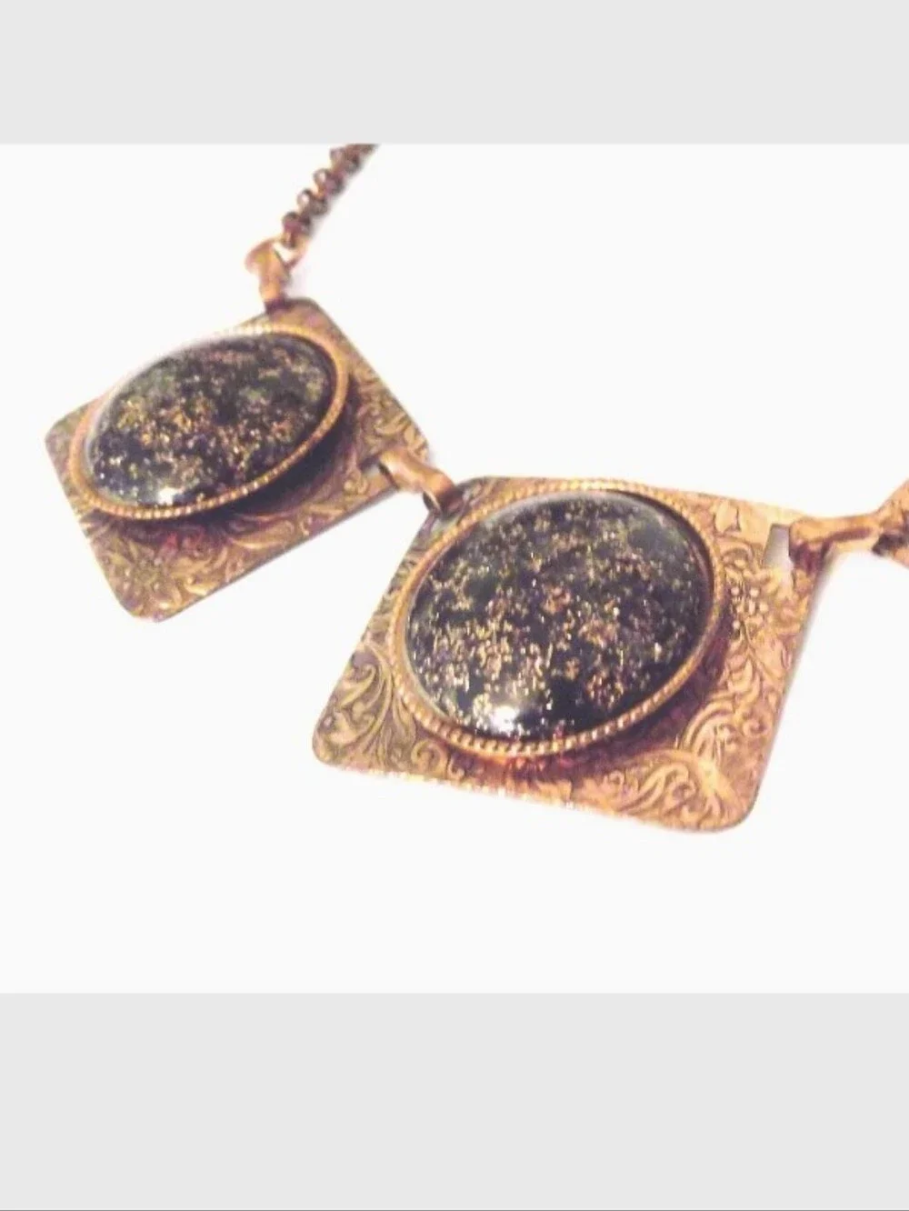 Vintage 50s 60s copper pannel confetti gold stone lucite bib Collar necklace